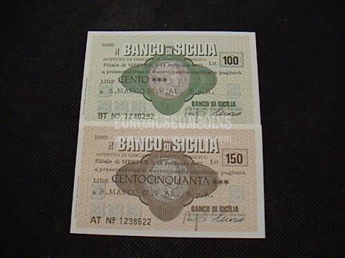1977 Coppia di 2 Miniassegni Banco di Sicilia San Marco di V.AL. S.p.A. di Mestre