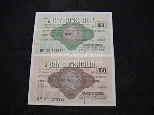 1977 Coppia di 2 Miniassegni Banco di Sicilia Ass.Prov. dei Commercianti di Ragusa