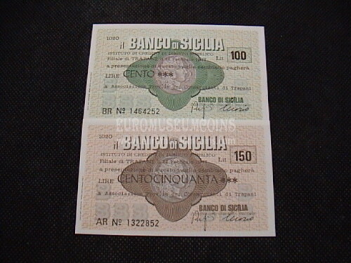 1977 Coppia di 2 Miniassegni Banco di Sicilia Ass. Prov.le dei Commercianti di Trapani