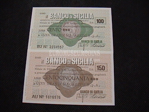 1977 Coppia di 2 Miniassegni Banco di Sicilia COIN Grandi Magazzini S.p.A. Venezia