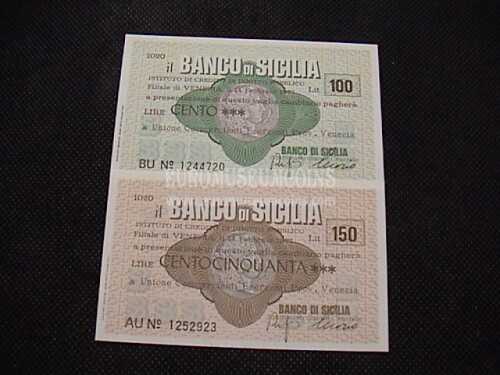 1977 Coppia di 2 Miniassegni Banco di Sicilia Unione Commercianti Esercenti Prov. di Venezia