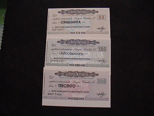 1977 Serie di 3 Miniassegni Credito Artigiano Società Italiana Cauzioni 24 Marzo