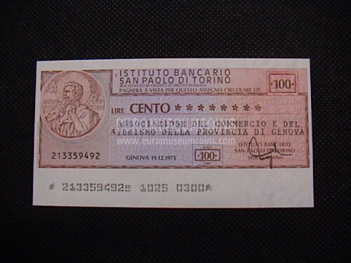 1975 Miniassegno Istituto Bancario San Paolo di Torino 19 Dicembre da Lire 100 