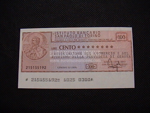 1976 Miniassegno Istituto Bancario San Paolo di Torino 12 Gennaio da Lire 100 