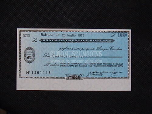 1976 Miniassegno Banca di Trento e Bolzano 20 Luglio da Lire 150