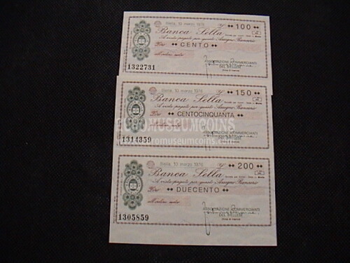 1976  Lotto di 3 Miniassegni Banca Sella Ass.Comm. del Biellese 10 Marzo