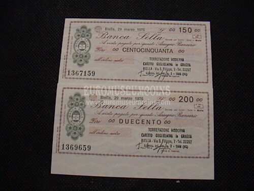 1976  Lotto di 2 Miniassegni Banca Sella Caretto G. Torref. Moderna 29 Marzo