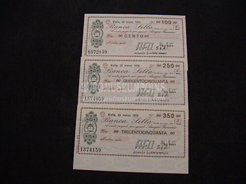 1976  Lotto di 3 Miniassegni Banca Sella A.F.O. S.p.A. 29 Marzo