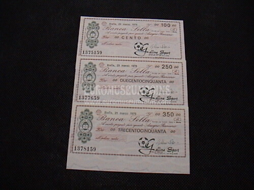 1976  Lotto di 3 Miniassegni Banca Sella Gallina Sport 29 Marzo