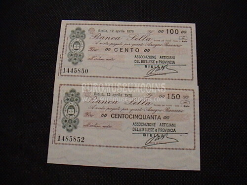 1976  Lotto di 2 Miniassegni Banca Sella Ass.Art.del Biellese e Prov. 12 Aprile