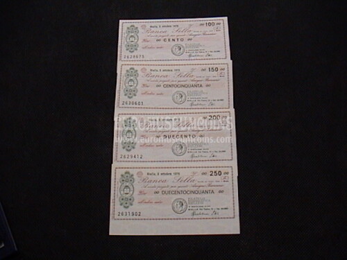 1976  Lotto di 4 Miniassegni Banca Sella Ass.Art.del Biellese e Prov. 5 Ottobre