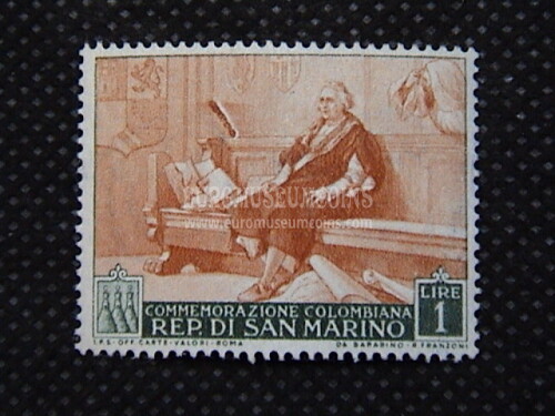 1952 Cristoforo Colombo Francobollo da 1 Lira San Marino errore di stampa