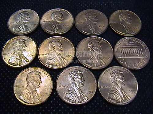 USA lotto 10 monete da 1 cent Lincoln dal 1990 al 1999