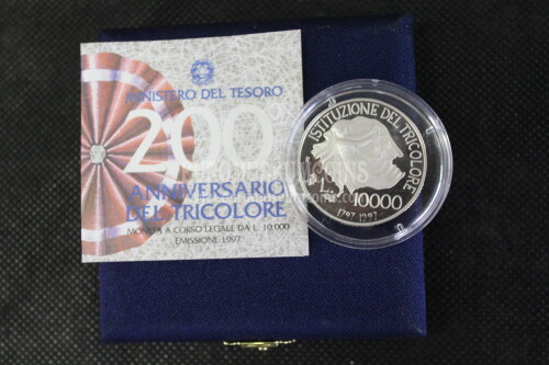 1997 Italia 10000 Lire PROOF Anniversario del Tricolore in argento con cofanetto  