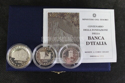 1993 Italia 500 - 200 - 100 Lire PROOF Banca d'Italia in argento con cofanetto  