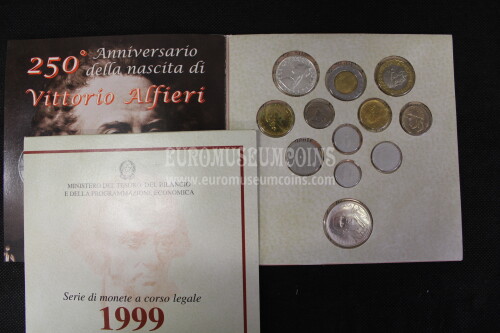 1999 Italia divisionale FDC con il 1000 Lire Alfieri e il 500 Lire Caravelle in argento in confezione ufficiale