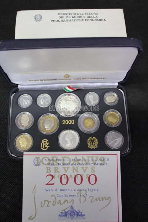 2000 Italia divisionale PROOF con il 1000 Lire Giordano Bruno e Caravelle in argento in confezione ufficiale