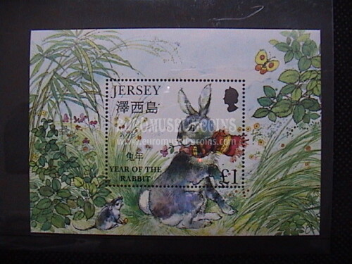 1999 Jersey foglietto francobolli ZODIACO CINESE : Anno del Coniglio
