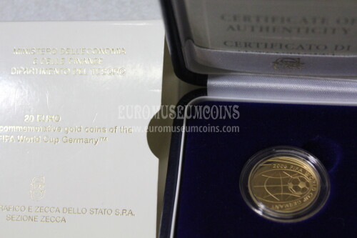 2004 Italia 20 Euro PROOF MONDIALI CALCIO 2006 in oro in confezione IPZS  