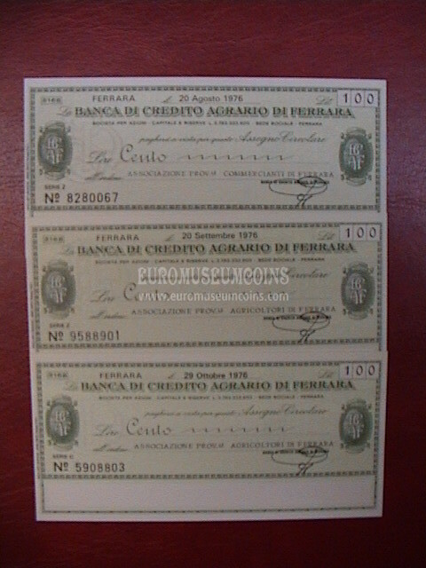 1976 Lotto di 3 Miniassegni Banca di Credito Agrario di Ferrara da Lire 100