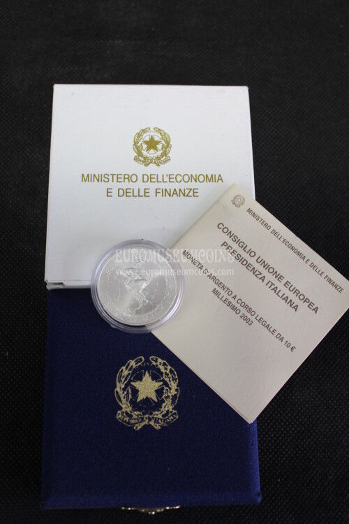 2003 Italia 10 Euro FDC PRESIDENZA EUROPEA in argento con cofanetto  