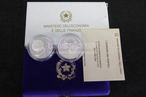 2003 Italia 5 + 10 Euro PROOF EUROPA DEI POPOLI dittico in argento con cofanetto  