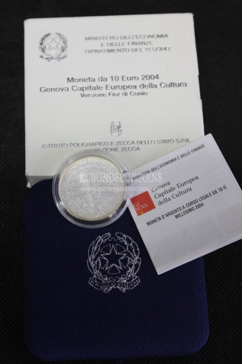 2004 Italia 10 Euro FDC GENOVA CAPITALE CULTURA EUROPEA in argento con cofanetto  