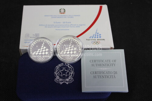 2005 Italia 5 + 10 Euro PROOF ( I emissione ) GIOCHI OLIMPICI INVERNALI TORINO 2006 dittico in argento con cofanetto  