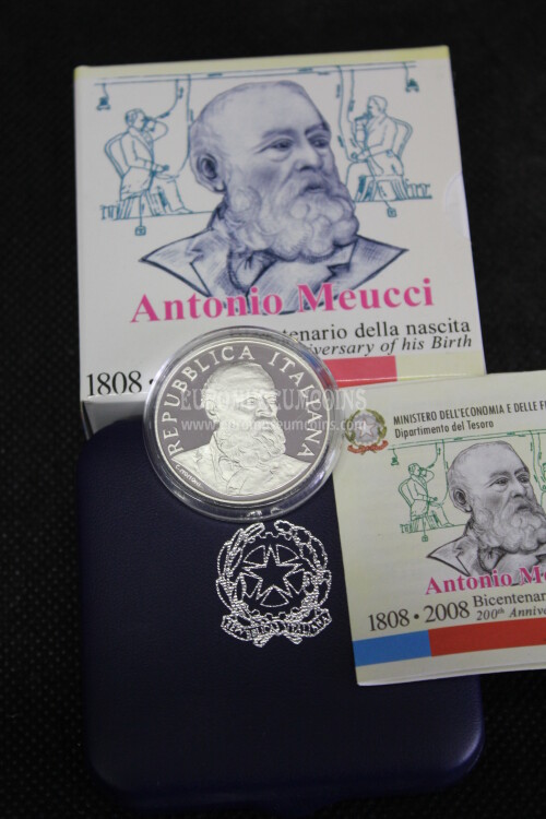 2008 Italia 5 Euro PROOF ANTONIO MEUCCI in argento con cofanetto  