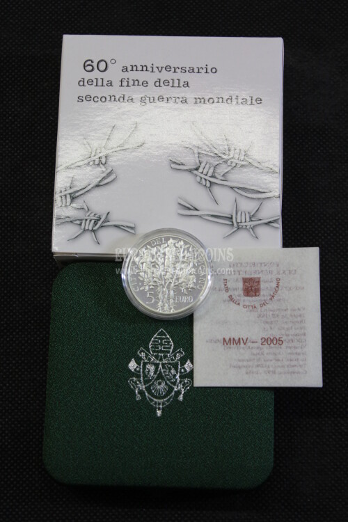2005 Vaticano 5 Euro Proof 60° fine 2° Guerra Mondiale in argento con cofanetto  