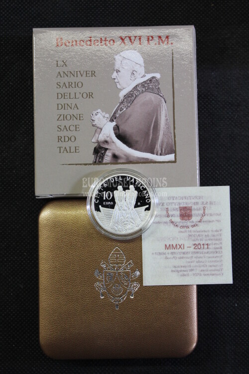 2011 Vaticano 10 Euro Proof 60° Anniversario Sacerdozio Benedetto XVI in argento con cofanetto  
