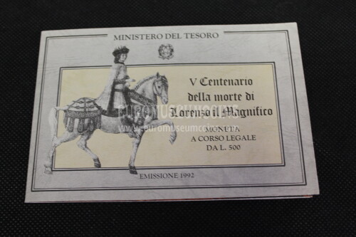 1992 Italia 500 Lire FDC Lorenzo il Magnifico in argento in folder