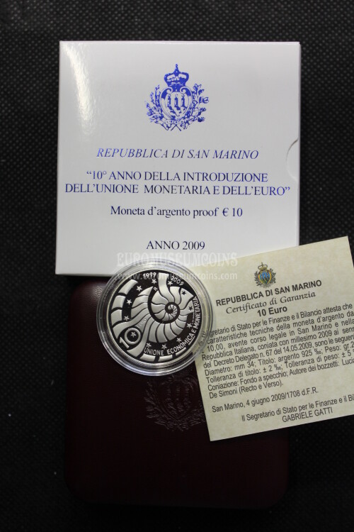 2009 San Marino 10 Euro PROOF Unione Economica Monetaria in argento con cofanetto  