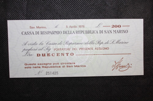 1976 Miniassegno Lire 200 San Marino Cassa di Risparmio 