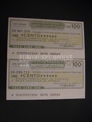 1976 Lotto di 2 Miniassegni Banca Cattolica del Veneto  