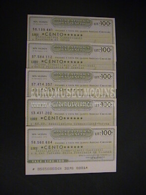 1976 Lotto di 5 Miniassegni Banca Cattolica del Veneto 20 Novembre
