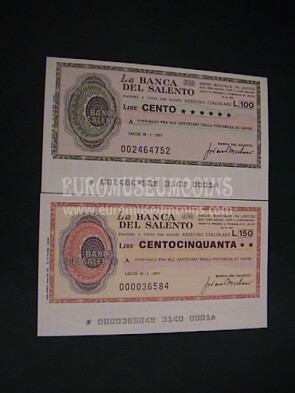1977 Lotto di 2 Miniassegni Banca del Salento 18 Gennaio