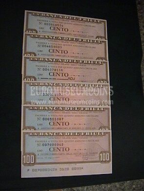 1977 Lotto di 6 Miniassegni Banca del Friuli da Lire 100
