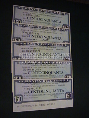 1977 Lotto di 5 Miniassegni Banca del Friuli da Lire 150
