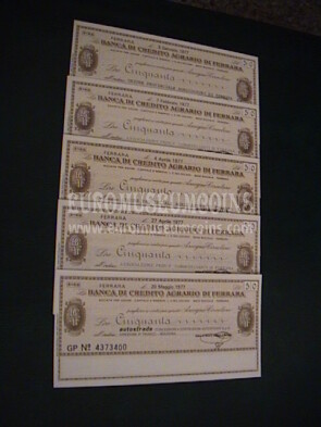 1977 Lotto di 5 Miniassegni Banca di Credito Agrario di Ferrara da Lire 50