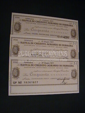 1977 Lotto di 3 Miniassegni Banca di Credito Agrario di Ferrara da Lire 150