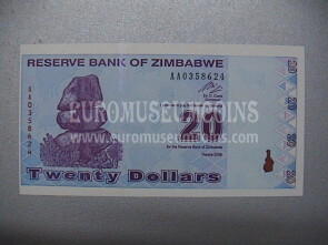 20 dollari banconota emessa dallo Zimbabwe nel 2009 