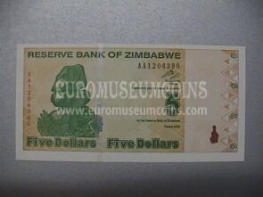 5 dollari banconota emessa dallo Zimbabwe nel 2009  