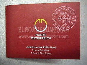 2019 Austria Robin Hood 1,5 Euro FDC oz 1 oncia argento in folder