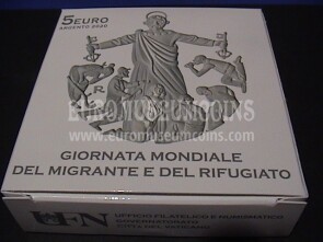 2020 Vaticano 5 Euro Proof Giornata del Migrante in argento con cofanetto  