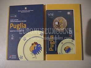 2022 Italia 5 Euro FDC Puglia Primitivo e Orecchiette serie cultura enogastronomica italiana