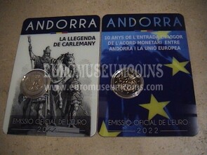 Andorra 2022 Carlo Magno + Accordi U.E. N.2 coincard 2 euro commemorativo FDC 