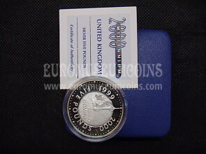 1999 Gran Bretagna 5 Sterline proof Millennium in argento 999