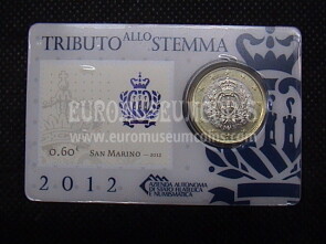 2012 San Marino 1 Euro in coincard ufficiale con francobollo Tributo allo Stemma ( 60 cent )