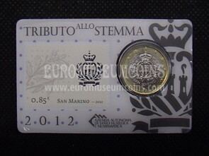 2012 San Marino 1 Euro in coincard ufficiale con francobollo Tributo allo Stemma ( 85 cent )